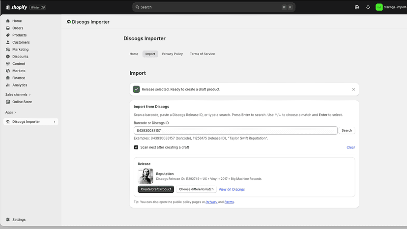 Search Discogs → review matches → create draft products