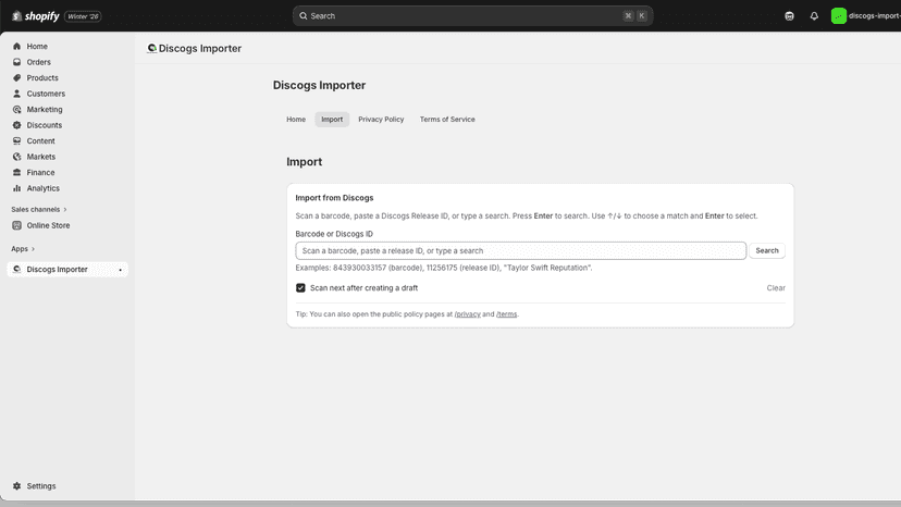 Import screen