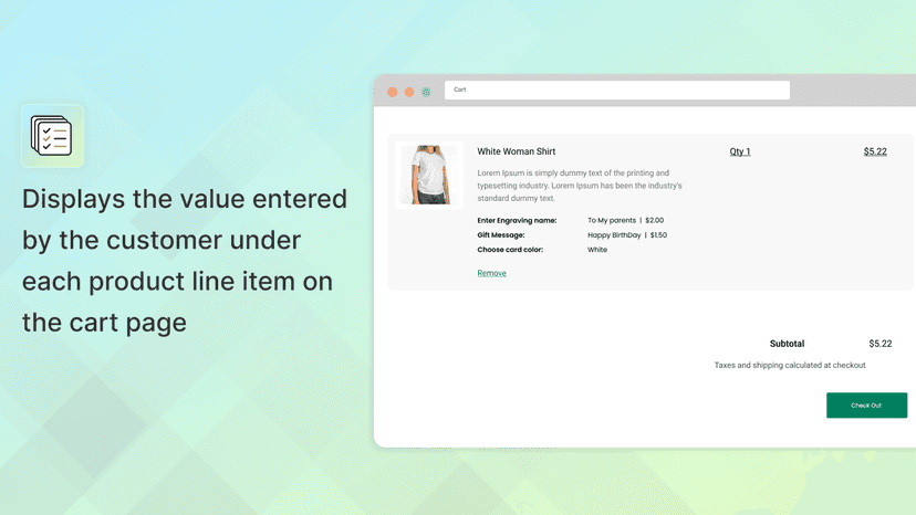 Values visible on the cart page