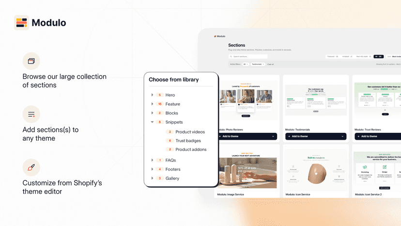 Browse, add, and customize Modulo theme sections