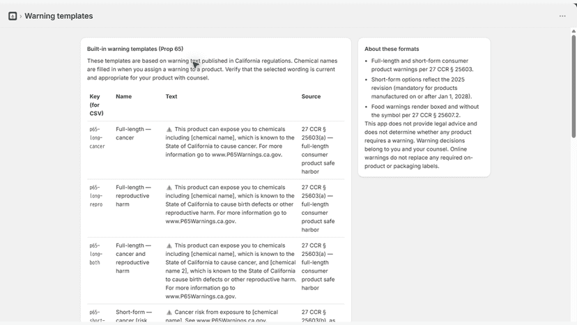 Built-in Prop 65 warning templates and source references
