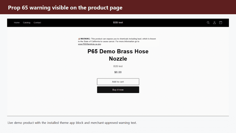 Theme app block showing a product page warning