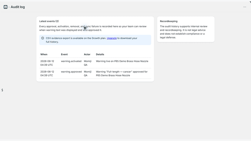 Audit log of warning edits and activation events