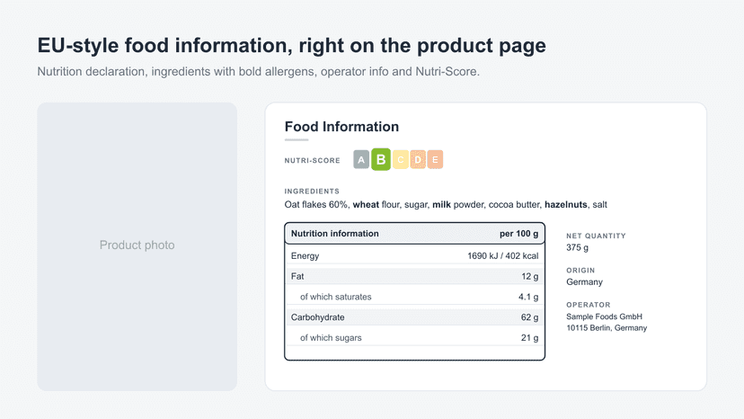 EU food information panel on a product page