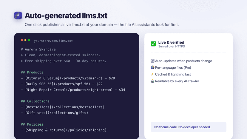 Auto-generated llms.txt published live at your domain