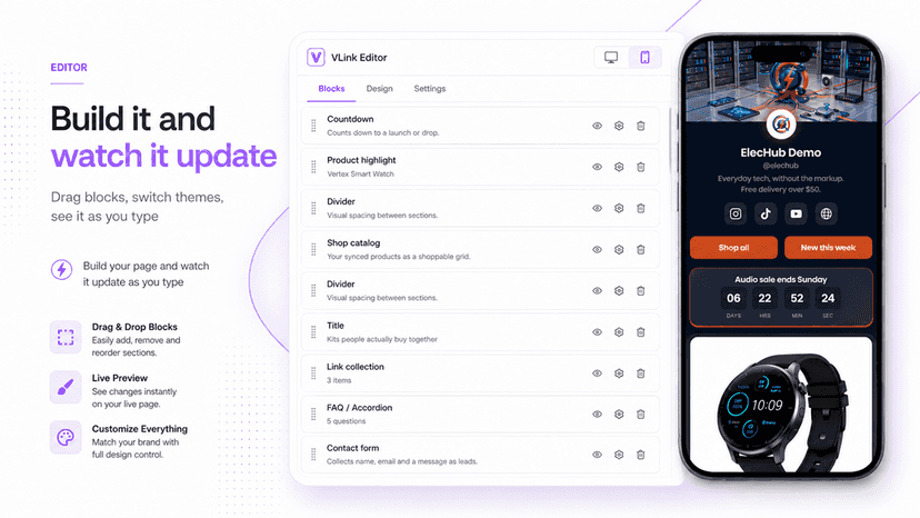 VLink editor with a live phone preview of the shop page