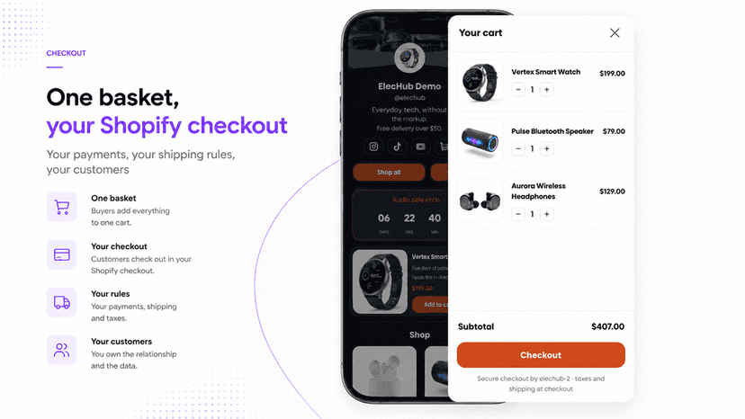 The VLink cart drawer with two items and a checkout button