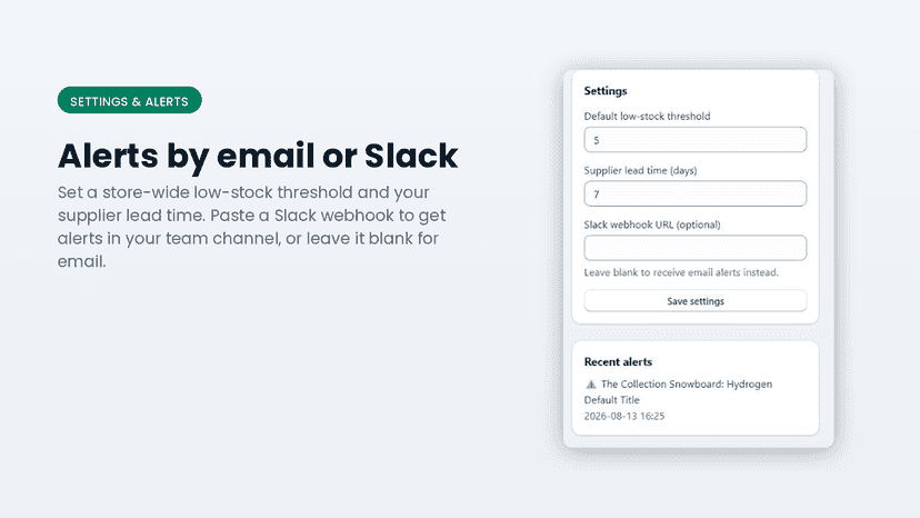 Settings panel with low-stock threshold and Slack webhook URL