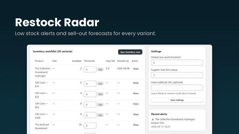 Restock Radar inventory watchlist showing low stock alerts