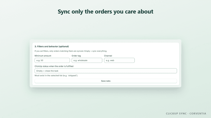 Filter synced orders by amount, tag or channel