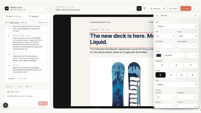 Generated email preview with editable section controls