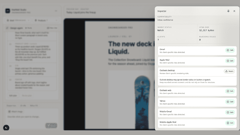 Export panel showing email-safe HTML and QA warnings