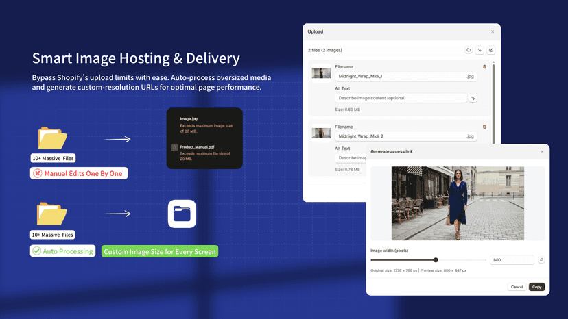 Smart image hosting and resizing for better page performance.