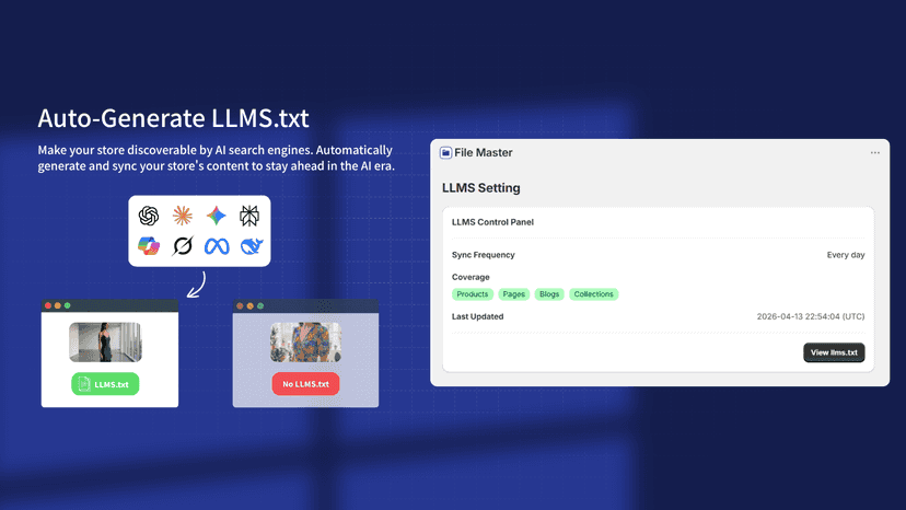 Auto-sync LLMS.txt to optimize store for AI search engines.