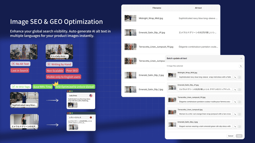 Multi-language AI Alt text generator for product image SEO.
