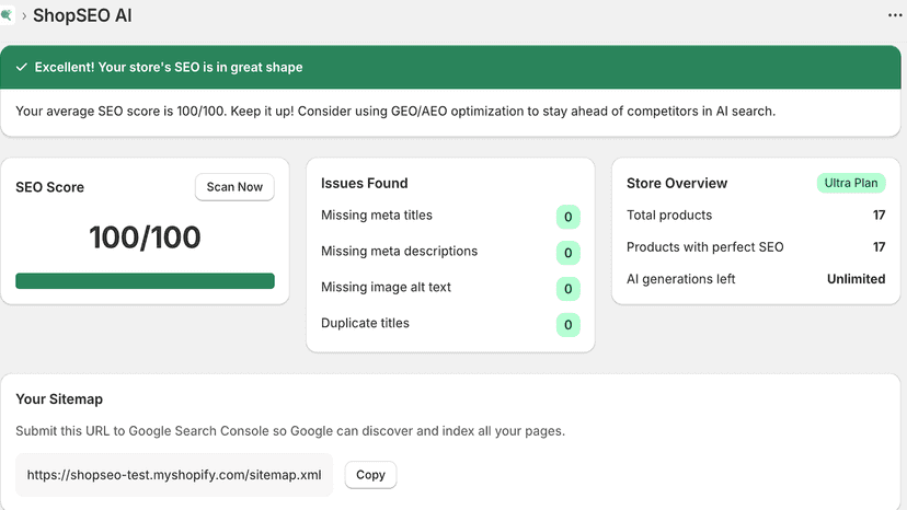 Scan & score all products, fix meta tags, alt text, duplicates
