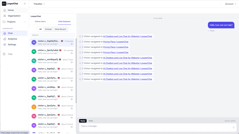 LooperChat AI chatbot dashboard showing live chat inbox