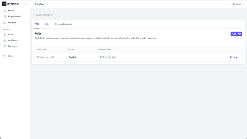 LooperChat FAQ training page where merchants add questions