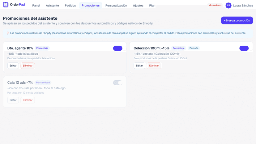 Promociones asistente de pedidos shopify