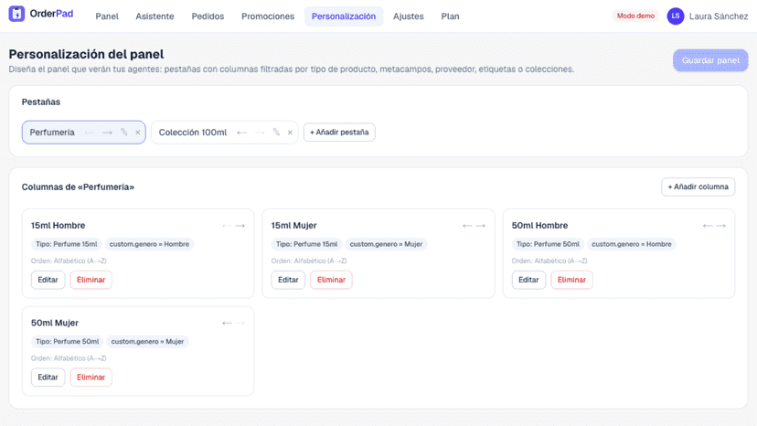 Personalización panel asistente de pedidos shopify