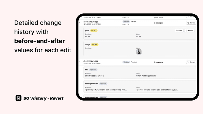 Detailed change history with before-and-after values for each ed