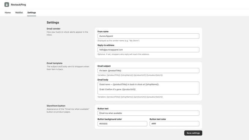 RestockPing settings: email template and button appearance