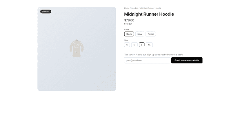 RestockPing storefront: Email me when available form
