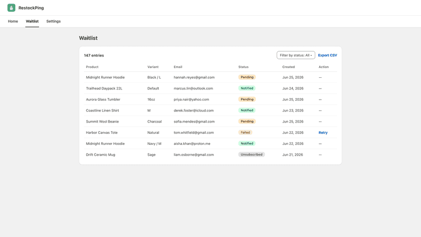 RestockPing waitlist: entries, status badges, CSV export