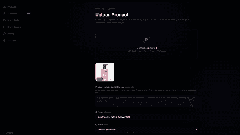 Product upload page with drag-and-drop image uploader