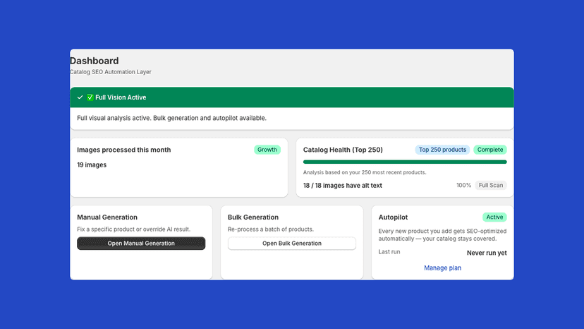 AltLens dashboard with autopilot active and catalog health