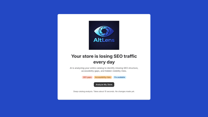 AltLens welcome screen showing catalog SEO problem