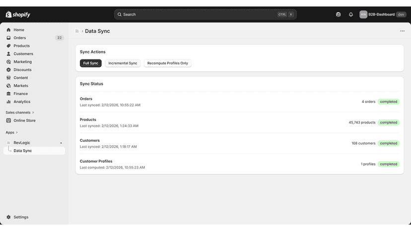 A screenshot of the Revlogic Sync Screen