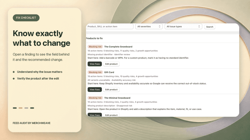 Product fix checklist with affected field and next step.