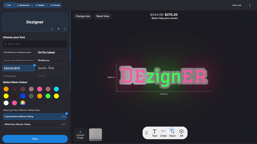 Text to neon design canvas text styling page