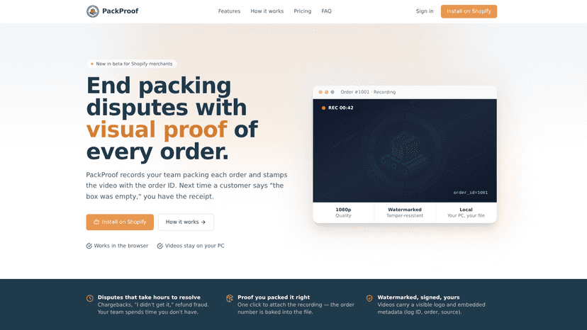 Recording a packing video inside the PackProof browser app.