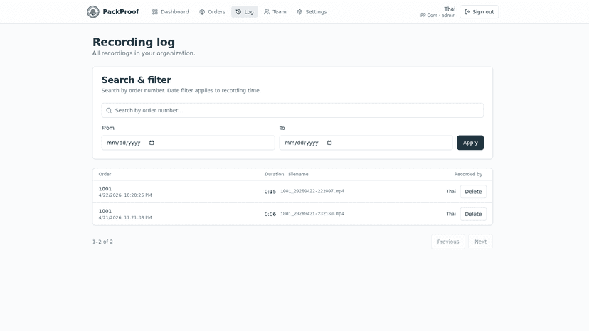 Recorded Video Logging Page