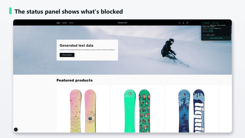 Status panel showing consent and blocked tracking state