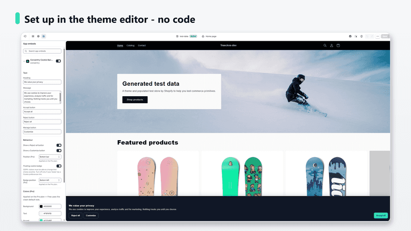 Consentry settings in the Shopify theme editor