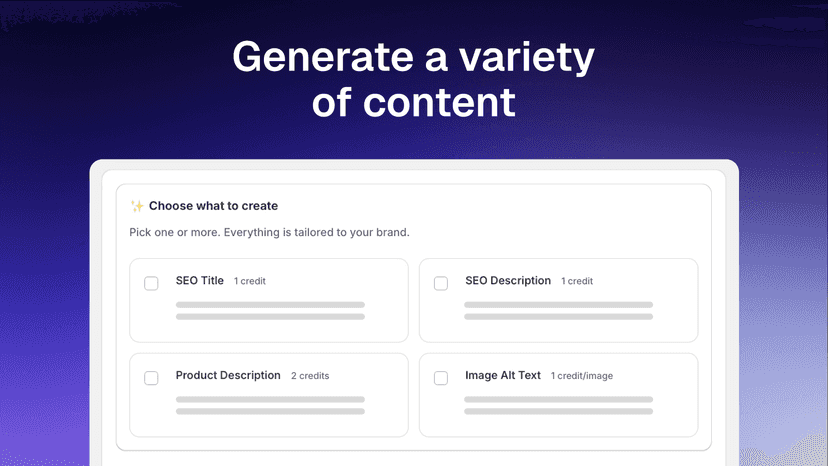 Content creation options: SEO, product copy, and alt text