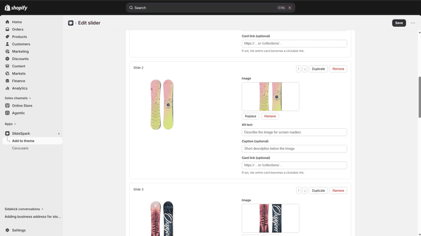 SlideSpark editor with image and link fields