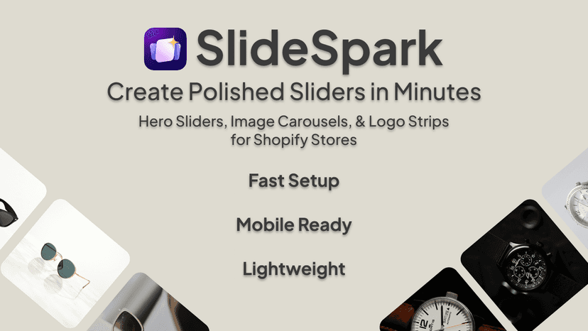 SlideSpark feature list with product carousels on each side