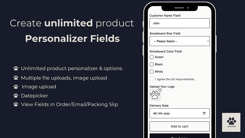 product personalizer, text field, file upload, order notes