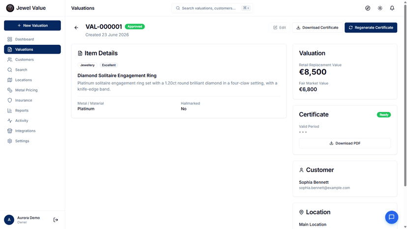 Valuation detail with a ready-to-download certificate