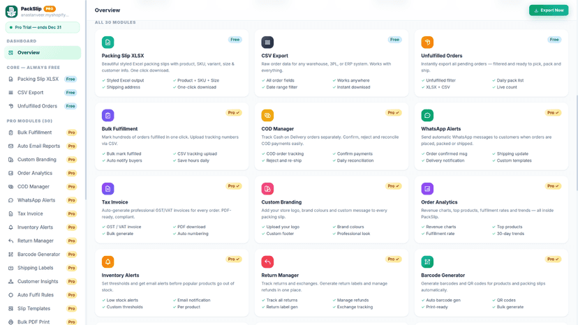 PackSlip dashboard showing order management modules