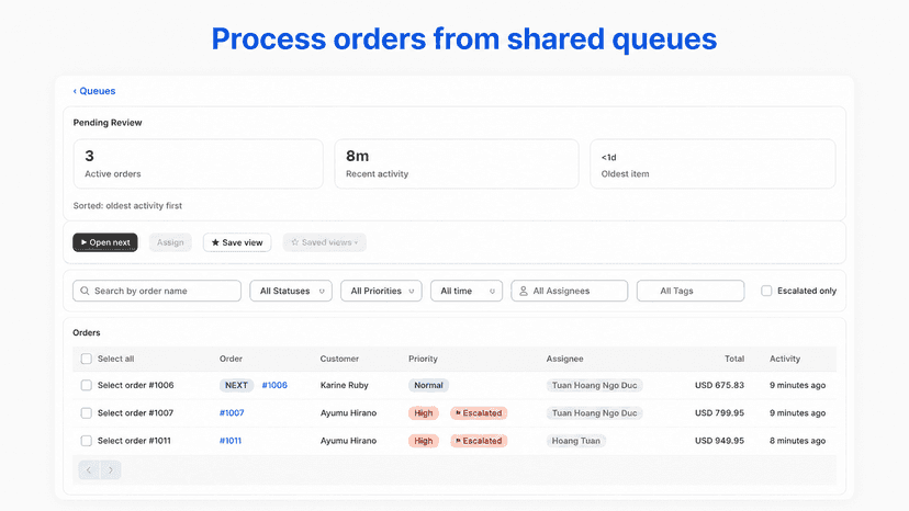 Queue inbox showing orders sorted by operational activity
