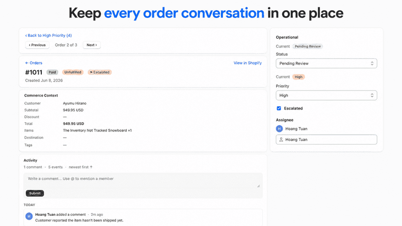Order detail page with comments status and assignee controls