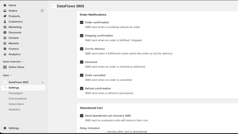 SMS notification settings with automated triggers for orders and