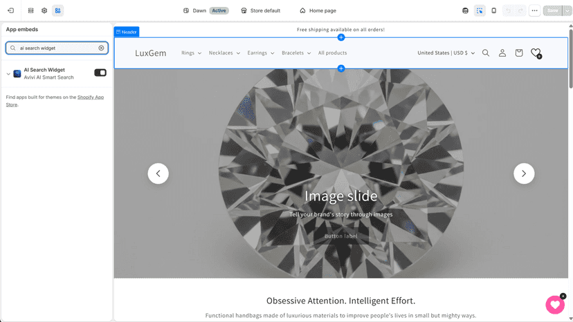 Enabling the AI Search Widget in Shopify Theme Editor
