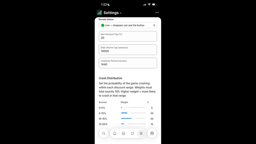 Merchant settings for discount cap and crash probability