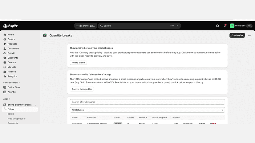 Phevo quantity breaks dashboard showing discount offers Setup